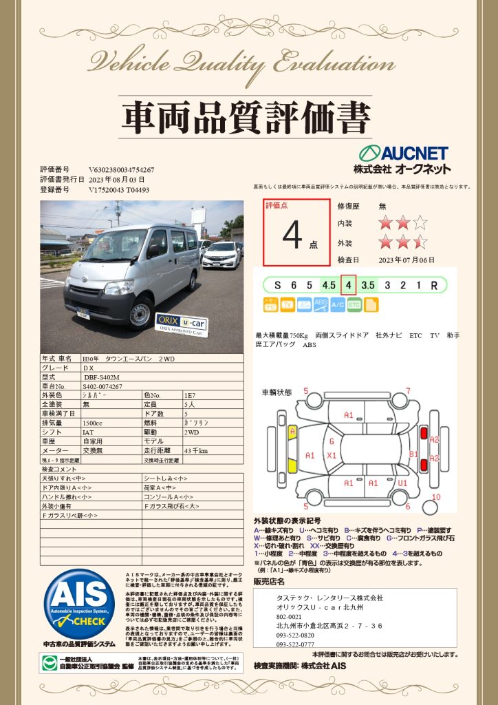 トヨタ・タウンエースバンの品質評価書