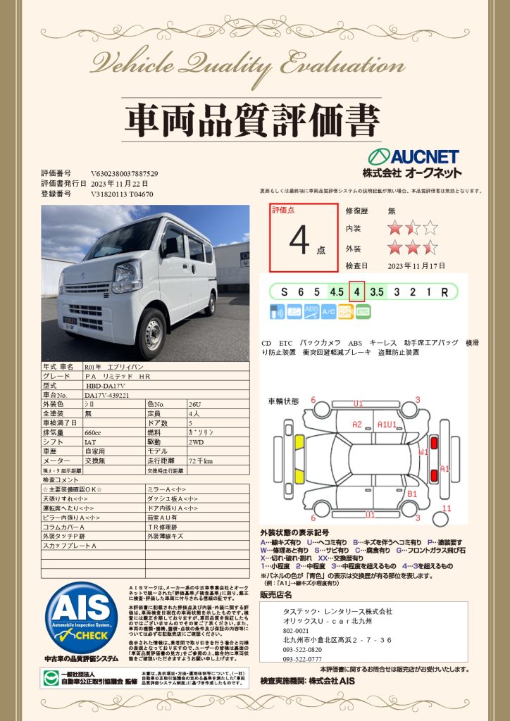 スズキ・エブリィPAリミテッドの品質評価書