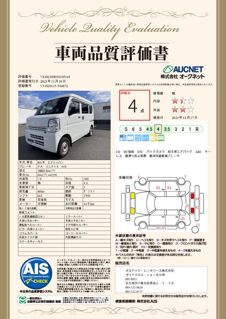 スズキエブリィバンPAリミテッドHR、4.5万キロの品質評価書