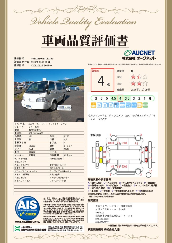 マツダボンゴバンの品質評価書